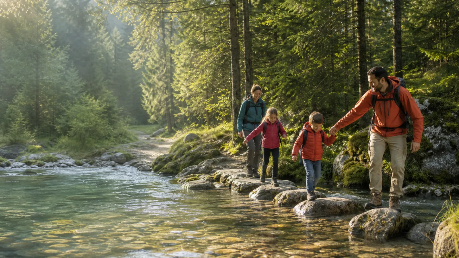 Randonnée familiale au bord d’un ruisseau en forêt