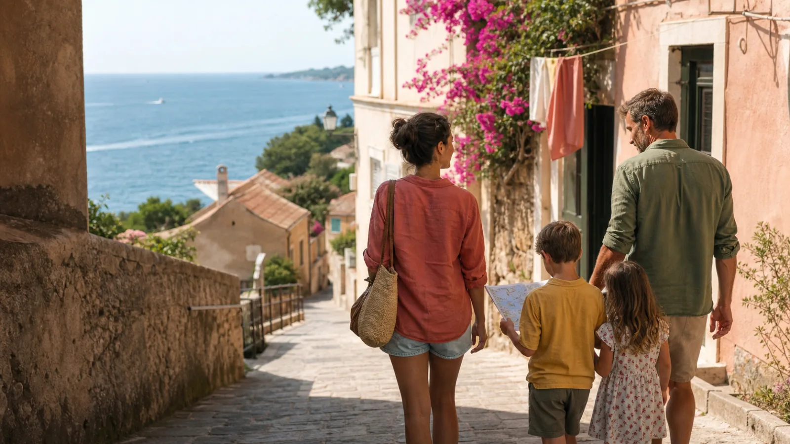 Famille dans une ruelle colorée dominant la mer