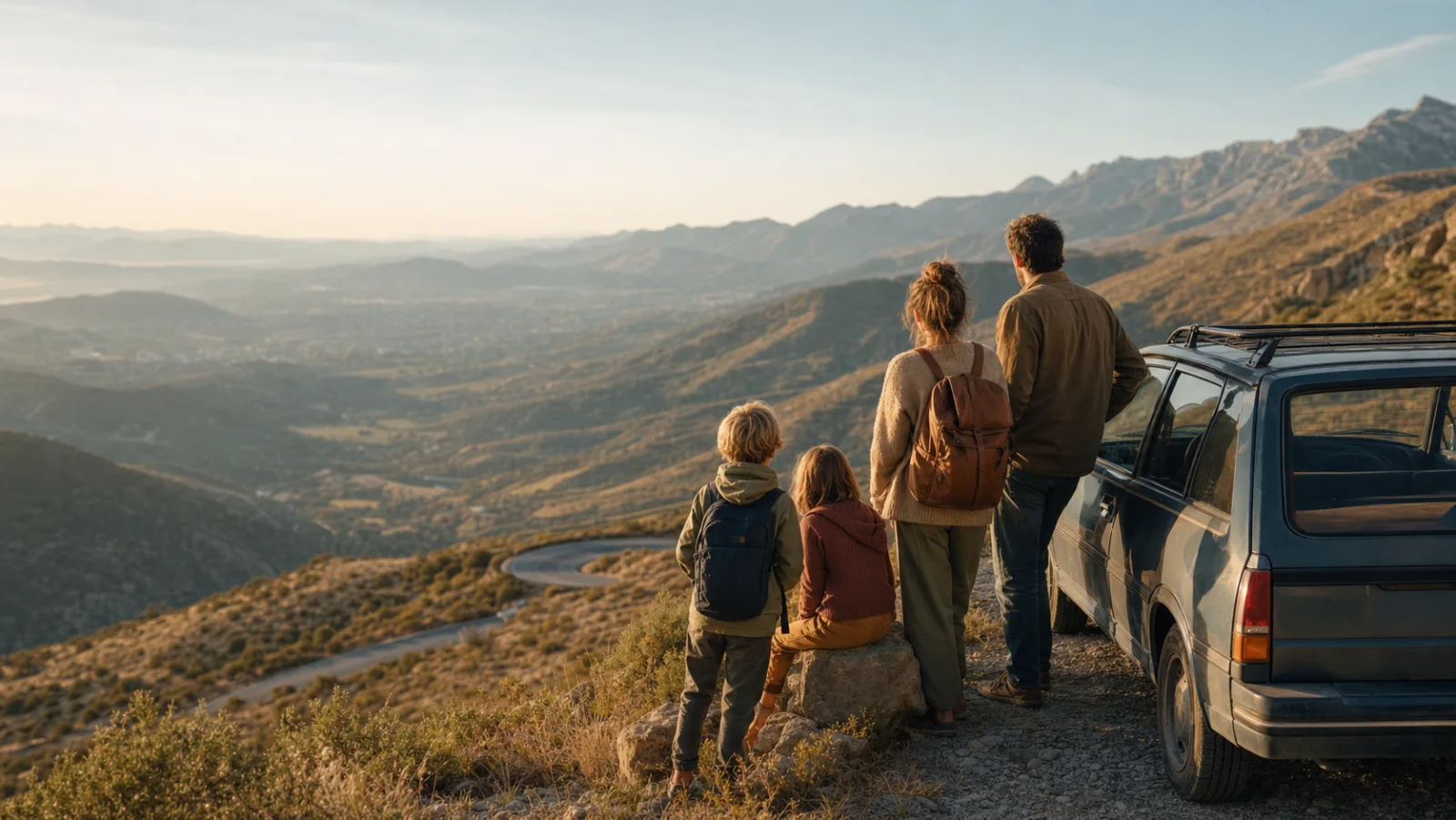 Famille faisant une pause face à une vallée de montagne pendant un road trip