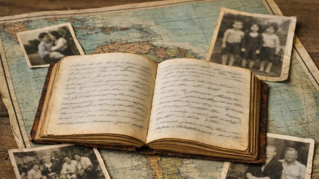 Registre familial ancien posé sur une carte de l'Amérique du Sud