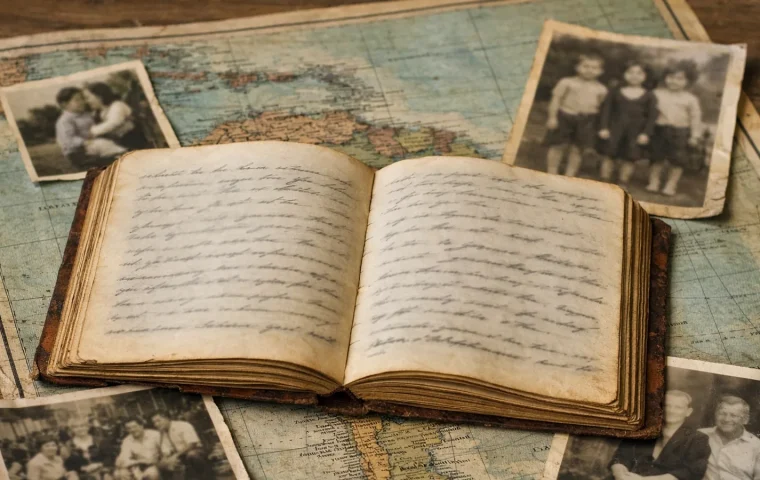 Registre familial ancien posé sur une carte de l'Amérique du Sud