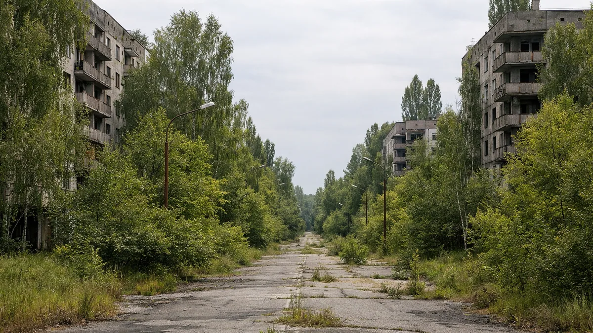 Immeubles abandonnés envahis par la végétation à Prypjat