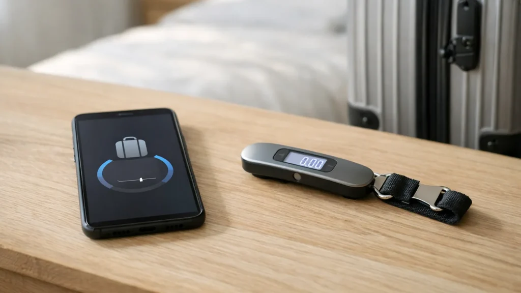 Téléphone et valise utilisés pour contrôler le poids d'un bagage