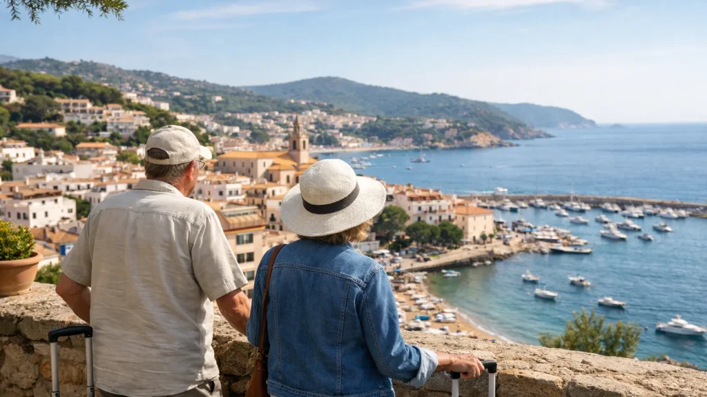 Couple de retraités voyageant avec des valises au bord de la Méditerranée