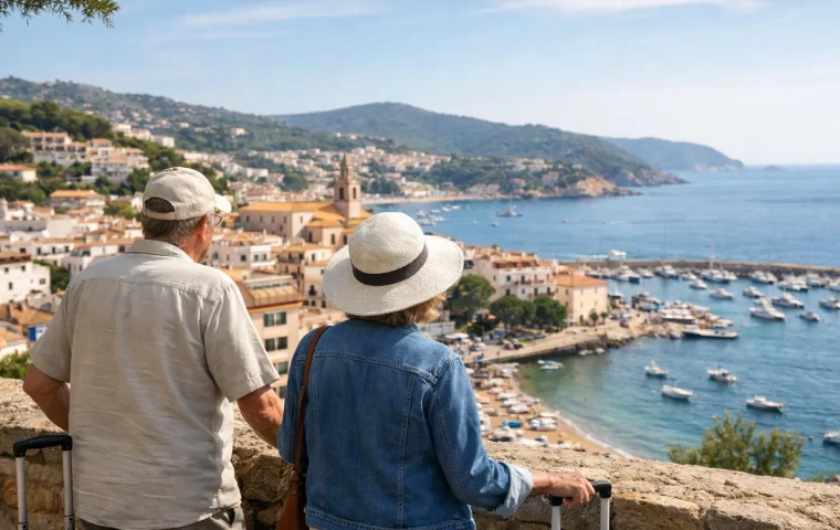 Couple de retraités voyageant avec des valises au bord de la Méditerranée